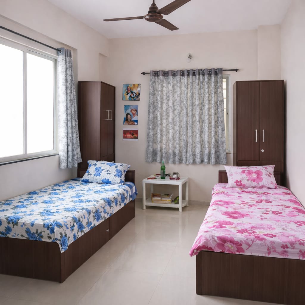 Affordable double bed room at Parijat PG in Hadapsar Pune with clean and comfortable accommodation
