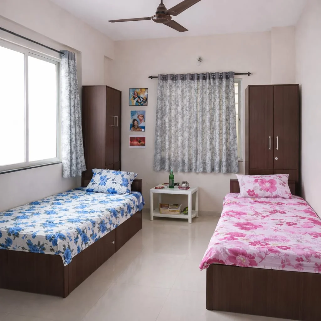 Affordable double bed room at Parijat PG in Hadapsar Pune with clean and comfortable accommodation